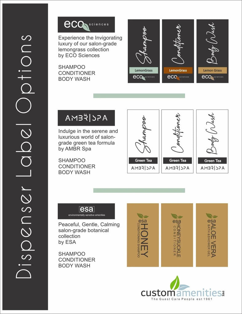 Hotel Shampoo Soap Dispenser ECO Sciences ON SALE - Branded Amenities by Custom Amenities Inc.
